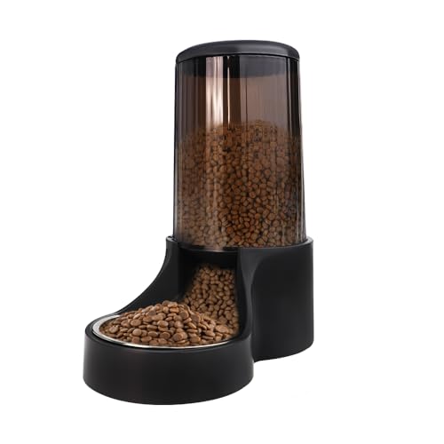 Automatic Cat Feeder, 3.8L Large Gravity Cat Food Dispenser with Detachable Top Lid, Visible Bottle and Stainless Steel Bowl for Pets (Full Black) - color: Full Black