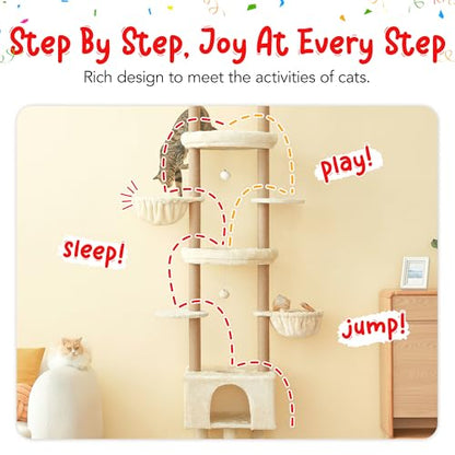 Cat Tree, Floor to Ceiling Cat Tower Adjustable Height [92.9-102.4 in=235-258cm], 7 Tiers Cat Climbing Play House with Fully Sisal Scratching Post, Cozy Condo & Hammocks for Indoor Cats, Beige - color: Beige2.0