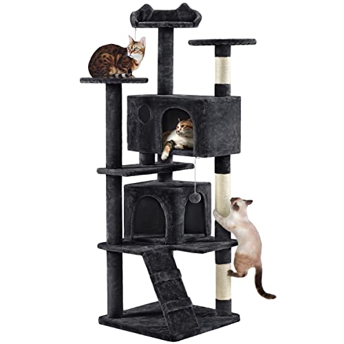 Yaheetech Multi-Level Cat Tree for Large Cats, with Cozy Condos for Indoor Cats - color: Black, size: 70in