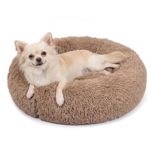 Calming Donut Dogs Beds for Small Dogs Washable,19inch Fluffy Round Puppy Bed for Puppies,Cats & Toy Breeds with Raised Rim,Fits up to 15 lbs Pets,Camel - color: Brown, size: 19 inches