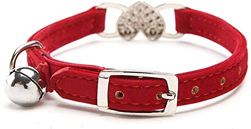 CHUKCHI Pink Soft Velvet Safe Cat Adjustable Collar with Crystal Heart Charm and Bells 8-11 Inches(Black+Red) - color: Black+Red