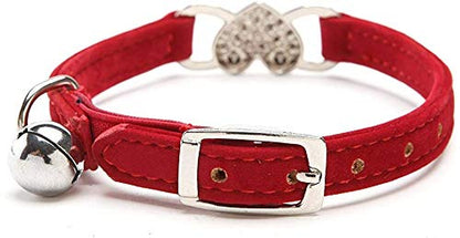 CHUKCHI Pink Soft Velvet Safe Cat Adjustable Collar with Crystal Heart Charm and Bells 8-11 Inches(Black+Red) - color: Black+Red