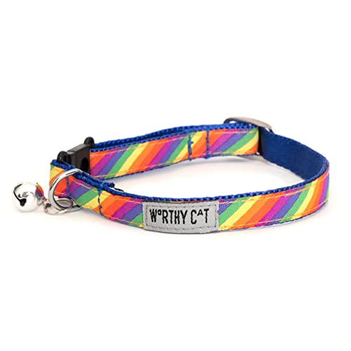 THE WORTHY DOG Patterned Rainbow Cat Collar with Bell, Adjustable Nylon Safety Collar, Rainbow, One Size - color: Multicolored-Rainbow