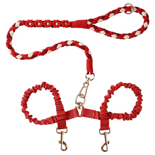 Dual Dog Leash,Double Dog 360 Swivel No Tangle Walking Leash,Comfortable Shock Absorbing Reflective Bungee for Two Dogs（Red） - color: Bright Red