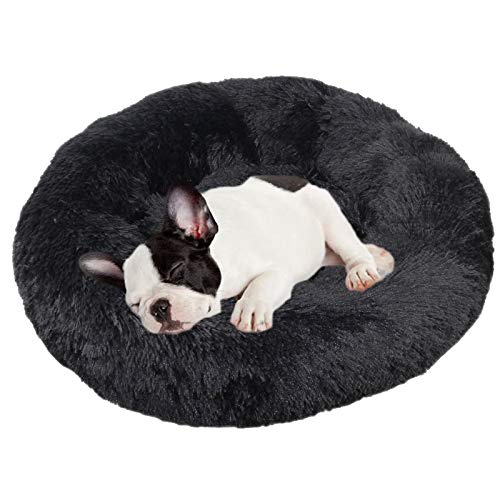Plush Dog Bed Pet Calming Fur Bed, Fluffy Donut Round Cat Beds, Anti-Slip & Anti-Anxiety, 16 Inch for Puppy and Kitties, Black, XS - color: Black, size: XS - 16 inch