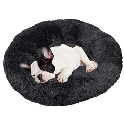 Plush Dog Bed Pet Calming Fur Bed, Fluffy Donut Round Cat Beds, Anti-Slip & Anti-Anxiety, 16 Inch for Puppy and Kitties, Black, XS - color: Black, size: XS - 16 inch