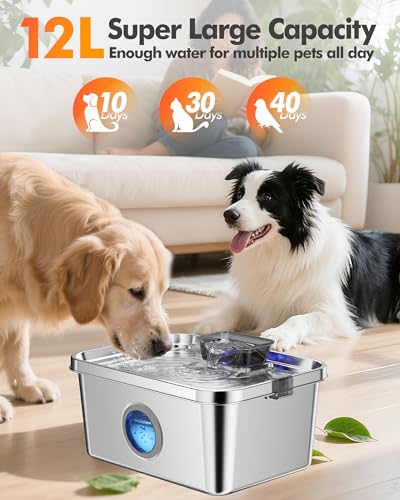 12L Dog Water Fountain, Stainless Steel Pet Water Fountain for Large Dogs Cats Multi-Pet Home, Quiet Dog Fountain Water Bowl with 3 Filters, Visible Window, Wide Deeper Drinking Area, Easy to Clean