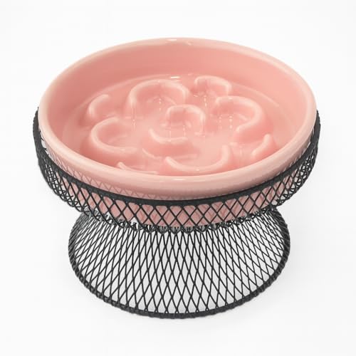 Raised Ceramic Cat Slow Feeder Bowl Elevated Food Bowl with Stand, Cat Slow Bowl for Wet Food and Dry Food, Whisker Friendly Pet Feeder for Kitty and Small Dog - color: Pink
