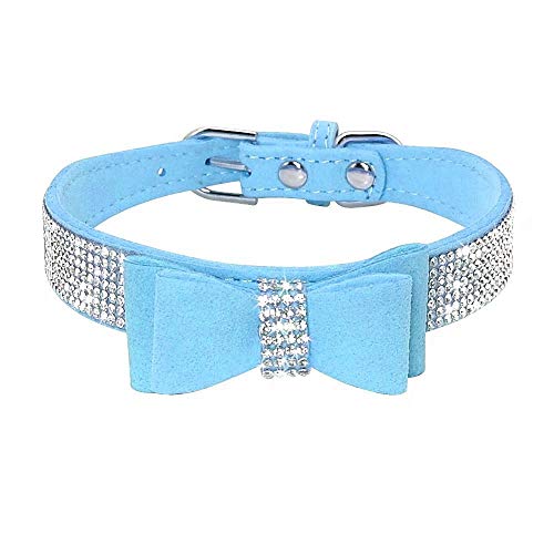 Rhinestone Dog Collar, Cute Dazzling Sparkling Soft Suede Leather Adjustable Pet Dog Cat Collar Crystal Diamond for Puppy Small Medium Large Dogs (XS:21-27 cm, Blue-1) - color: Blue-1, size: XS:21 - 27 cm