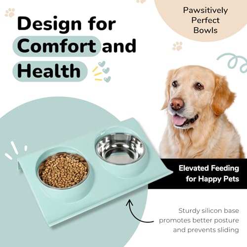 Double Dog Food Bowls Stainless Steel - Puppy Food and Water Bowl Set with Weighted Non-Slip Base - Non-Skid Design - Dog Bowl Set for Puppy Cats Kitten Small Medium Dogs - Blue - color: Blue