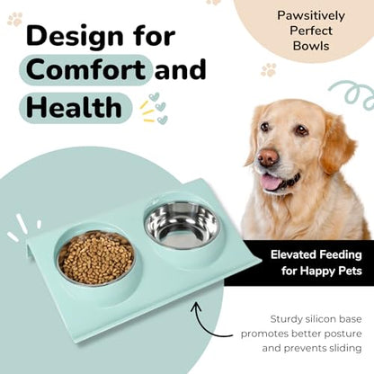 Double Dog Food Bowls Stainless Steel - Puppy Food and Water Bowl Set with Weighted Non-Slip Base - Non-Skid Design - Dog Bowl Set for Puppy Cats Kitten Small Medium Dogs - Blue - color: Blue