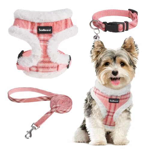 SCENEREAL Small Dog Harness Collar and Leash Set, Mesh Plush No Pull Puppy Vest Harness, Warm Fleece No Chock Small Pet Halter for Outdoor Walking Training, Pink Plaid XS - color: Fleece-Pink Check Pattern (With Collar), size: XS: Chest Girth: 10"-14"