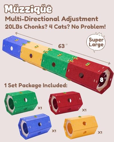 Cat Tunnel Bed for Indoor Cats, DIY Modular Felt Pet Tunnel Toy, 8 Way Hiding Large Rabbit Play Scratch House, Expandable Hideaway Peekaboo Kitten Cave, Hideout Cube, Washable Kitty Circle Tube, 1 Set