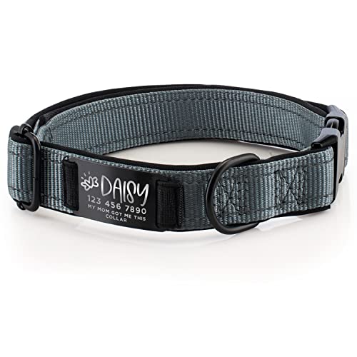 Improved - Personalized Dog Collars w/Engraved Metal ID Nameplate for Name & 3 Lines Text - Custom 20 Icons, 4 Adjustable Sizes, 10 Fonts, Dog Collar for Large Dogs, Dog ID Tag Personalized, Gray - color: Gray