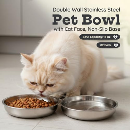 Stainless Steel Cat Food Bowl, 16 oz / 2 Cup Each, Heavy Duty Double Wall Insulated, Shallow Whisker-Friendly Design, Non-Slip Flat Base Dish for Cats & Kittens, D/W Safe Pack of 2