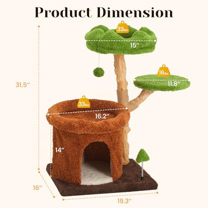 32-Inch Multi-Level Cat Tree Tower, Natural Wooden Cat Furniture with Sisal Scratching Posts, Beds & Condo, Cute Cat Tree for Indoor Cats, Multi-Cat Householdsolds - color: Green