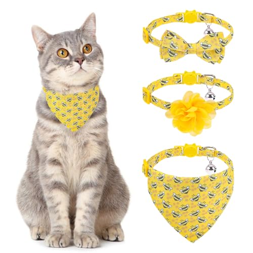 Breakaway Cat Collars with Bell & Cute Pendants - 3 Pack Adjustable Safety Kitten Collars - Decoration for Girl Boy Cats Puppy and Small Pets (Style C - Bee) - color: Style C - Bee