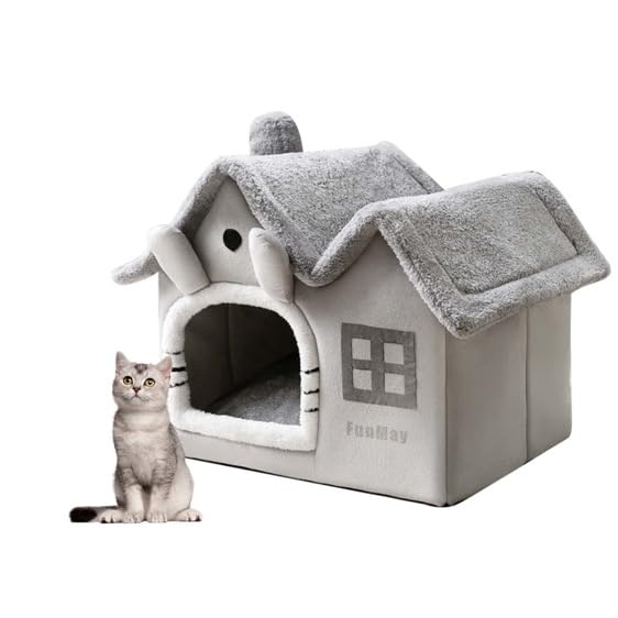 Luxury Foldable Rabbit-Ear Cat House & Dog Bed – Indoor Double Roof Condo with 30D Memory Foam, Removable Washable Cushion, Non-Slip Base, Cozy Pet Tent for Small Dogs & Cats, Gray (Small) - size: Small