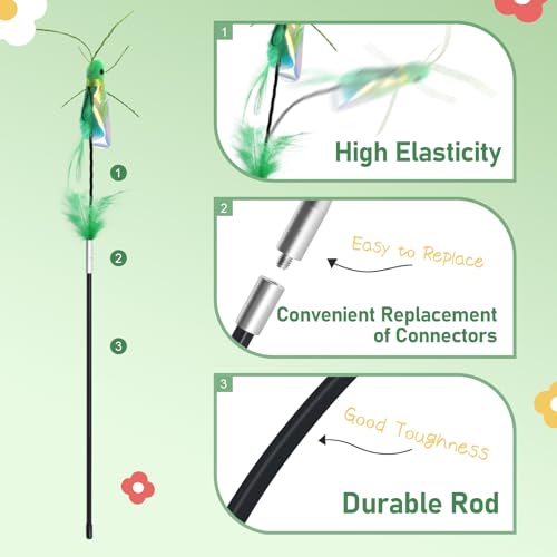 Cat Bug Toy Wand - Cat Teaser Wand Toy with 4 Pcs Cute Insect Feather cat Toy Replacements, Interactive Cat Toys Bug for Indoor Cats Kittens - color: Bugs