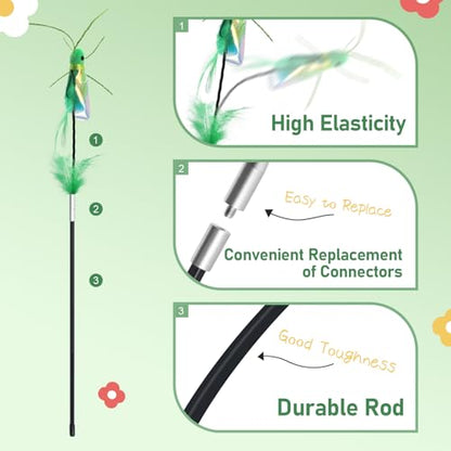 Cat Bug Toy Wand - Cat Teaser Wand Toy with 4 Pcs Cute Insect Feather cat Toy Replacements, Interactive Cat Toys Bug for Indoor Cats Kittens - color: Bugs