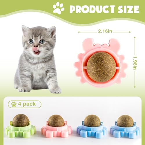 4 Pack Catnip Balls Wall Mounted - Organic Edible Catnip Toy for Cats, 360° Rotatable Interactive Chew Indoor Cat Toy