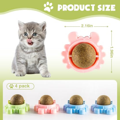 4 Pack Catnip Balls Wall Mounted - Organic Edible Catnip Toy for Cats, 360° Rotatable Interactive Chew Indoor Cat Toy