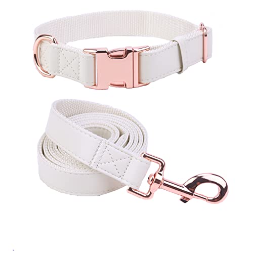 Dog Collar and Leash Set.Soft and Easy to Clean Vegan Leather with Rose Gold Metal Buckle for Small Medium Large Dogs (Off-White, L(15.4”-24.8“) - color: Off-White, size: L
