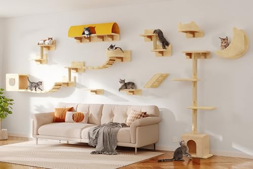 Cat Wall Shelves with Cat Tree, 26-in-1 Wall Mounted Pet Furniture with 40''L Tunnel, Scratching Posts, House, Step and Floating Bridge, Cat Climbing Wall Systems with 63'' Cats Tower, Beige - color: Beige, size: 26-in-1