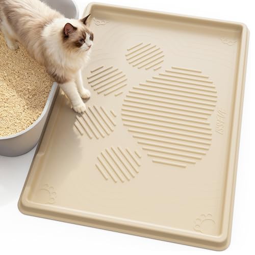 ISSEVE Cat Litter Mat 40" x 28" XL, Extra Large Silicone Mat for Litter Box, 1.38" Raised Edge Urine Waterproof Litter Trapping Mat Pad for Scatter Control, Soft on Kitty Paws, Protect Floor (Beige) - color: Beige