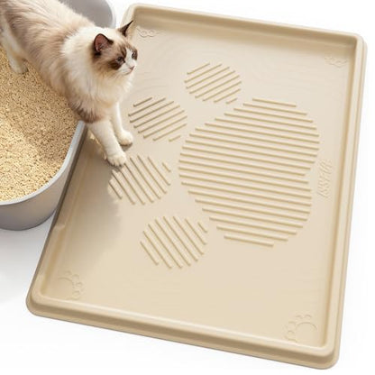 ISSEVE Cat Litter Mat 40" x 28" XL, Extra Large Silicone Mat for Litter Box, 1.38" Raised Edge Urine Waterproof Litter Trapping Mat Pad for Scatter Control, Soft on Kitty Paws, Protect Floor (Beige) - color: Beige