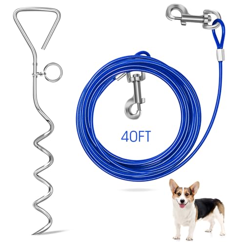 Dog Tie Out Cable and Stake, 40FT Outdoor Dog Leash for Yard Training, Running, Hiking,Camping,with 16 Inch Heavy Duty Dog Anchor Spiral Stake for Small to Medium Dogs(Blue) - color: Blue-40FT