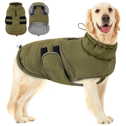 Peferhouse Extra-Large Dog Warm Winter Coat, Windproof Reflective Jacket with Harness Hole, Thick Dog Vest Jacket ArmyGreen XL - color: Green, size: X-Large