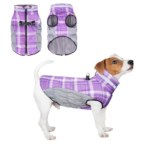 BEAUTYZOO Dog Winter Coat with Harness Built in, Reflective Plaid Puffer Vest Waterproof for X-Small Dogs, Fleece Warm Puppy Zipped Jacket with D Ring, Pet Cold Weather Sweater Clothes, Purple XS - color: Purple, size: X-Small