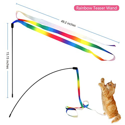 12PCS Interactive Kitten Toys, Retractable Indoor Cat Wand Toys with Replacement Teaser, Rainbow Ribbon and Make Exercise by Sunshinetop - color: Cat Feather Toys
