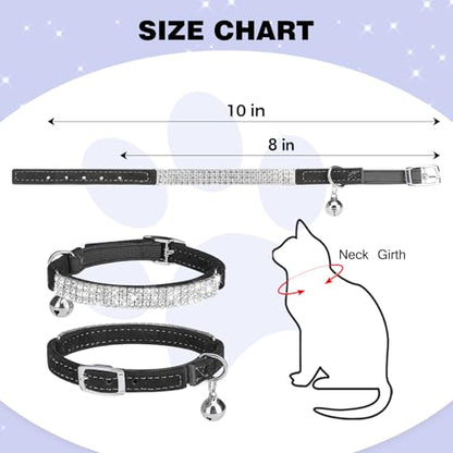 BINGPET Diamond Cat Collar with Bell, Adjustable Soft Velvet Bling Rhinestone Cat Collar, Sparkly Kitten Collar with Safety Elastic & Metal Buckle for Small Medium Cats - color: Black(Rhinestones), size: Neck Girth 8"-10"