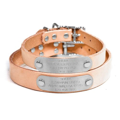 Handmade Personalized Bridle Leather Dog Collar, Engraved Stainless Steel Nameplate (Natural Beige) - color: Natural Beige