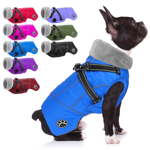 Dog Coat with Harness, Reflective Warm Dog Jacket Waterproof Puppy Winter Coat for Cold Weather, Adjustable Fleece Jacket for Small Medium Large Dogs - color: Blue, size: Large