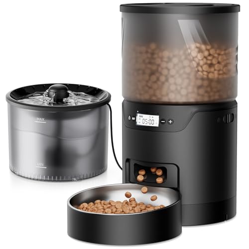 Automatic Cat Feeder and Water Fountain: 3L Timed Precise Cats Food Dispenser& Reliable Programming 1-6 Meals/Day- 3L Cat Water Dispenser with Filter- Auto Pet Feeder Easy to Clean