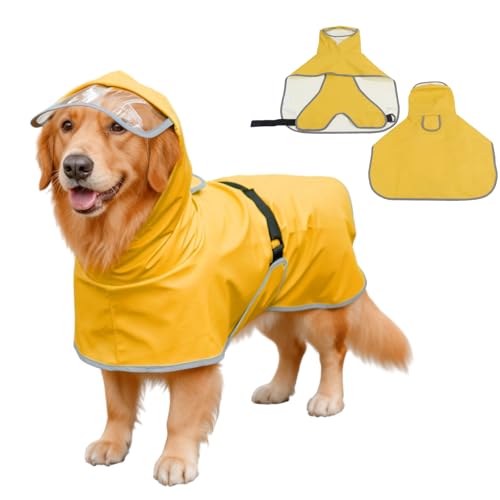 Dog Poncho Hooded Raincoat for Puppies & Small to Large Dogs, Reflective Strips for Night Safety, Lightweight & Adjustable Fit (Large, Yellow) - color: Yellow, size: Large