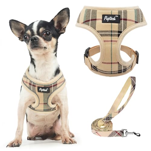 PUPTECK Soft Mesh Dog Harness Small Sized and Leash Set Pet Puppy Cat Comfort Padded Vest No Pull Harnesses, Beige, XS - color: Beige, size: XS (NECK: 10", CHEST: 10"-14")