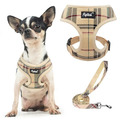 PUPTECK Soft Mesh Dog Harness Small Sized and Leash Set Pet Puppy Cat Comfort Padded Vest No Pull Harnesses, Beige, XS - color: Beige, size: XS (NECK: 10", CHEST: 10"-14")