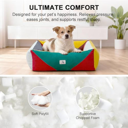 Cotton Canvas Dog Bed, Cute Dog Bed Medium Size Dog, Puppy Bed with Washable Removable Cover, Durable 290 GSM Cotton Anti-Chewing Pet Bed with Anti-Slip Bottom (30"x25"x10", Red&Yellow&Green) - color: Red+Green+Yellow, size: Medium