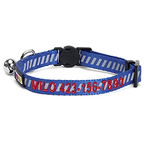 Pawtitas Personalized Blue Reflective Cat Collar – Adjustable Custom Collar with Safety Buckle, Removable Bell, and Engraved Name & Phone Number for Kittens and Adult Cats - color: Personalized Blue