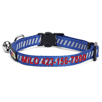 Pawtitas Personalized Blue Reflective Cat Collar – Adjustable Custom Collar with Safety Buckle, Removable Bell, and Engraved Name & Phone Number for Kittens and Adult Cats - color: Personalized Blue