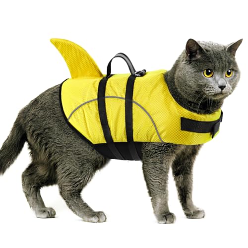 Queenmore Cat Life Jacket, XXS Extra Small Dog Life Vest, Puppy Life Vest for Swimming, Small Dog Vests for Boating, Lightweight High-Vis Water Floating Vest with Rescue Handle/Leash Hook - color: Yellow, size: XX-Small