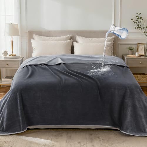 LOOBANI Waterproof Blanket for Bed: Reversible Leakproof Full/Queen Bed Blankets 80" x 90", Soft Flannel & Coral Fleece Bed Blanket Water Resistant for Couch Sofa Cover, Movie Time, Camping, Grey - color: Grey, size: 80" x 90"