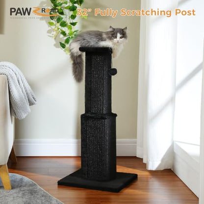 PAWZ Road Large Cat Scratching Post 32” Tall Black Scratching Post for Indoor Cats Adults Ultimate Scratch Post with Woven Sisal, Large Base and Removable Dangling Ball- Black - color: Dark Black