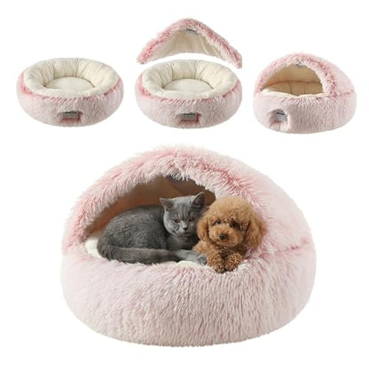 Hooded Dog Bed, Cat Cave Bed with Removable Hood, 2-in-1 Convertible Donut Cat Bed, All Season Fluffy Pet Bed for Cats Small Dogs (Cave Bed - Pink, Large Size 23.6 in) - color: Cave bed - pink, size: 23.6 in Large size