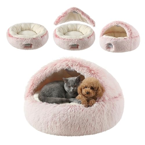 Hooded Dog Bed, Cat Cave Bed with Removable Hood, 2-in-1 Convertible Donut Cat Bed, All Season Fluffy Pet Bed for Cats Small Dogs (Cave Bed - Pink, Medium 19.7 Inches) - color: Cave bed - pink, size: 19.7 in Medium