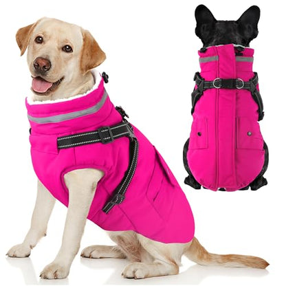 Dog Coat with Harness, Waterproof Warm Dog Winter Jacket with Pockets, Reflective Pet Fleece Jacket Turtleneck Snowsuit for Small Medium Large Dogs - Pink, L - color: Pink, size: Large(Chest:24.8" Back:16.9" Neck:17.7")